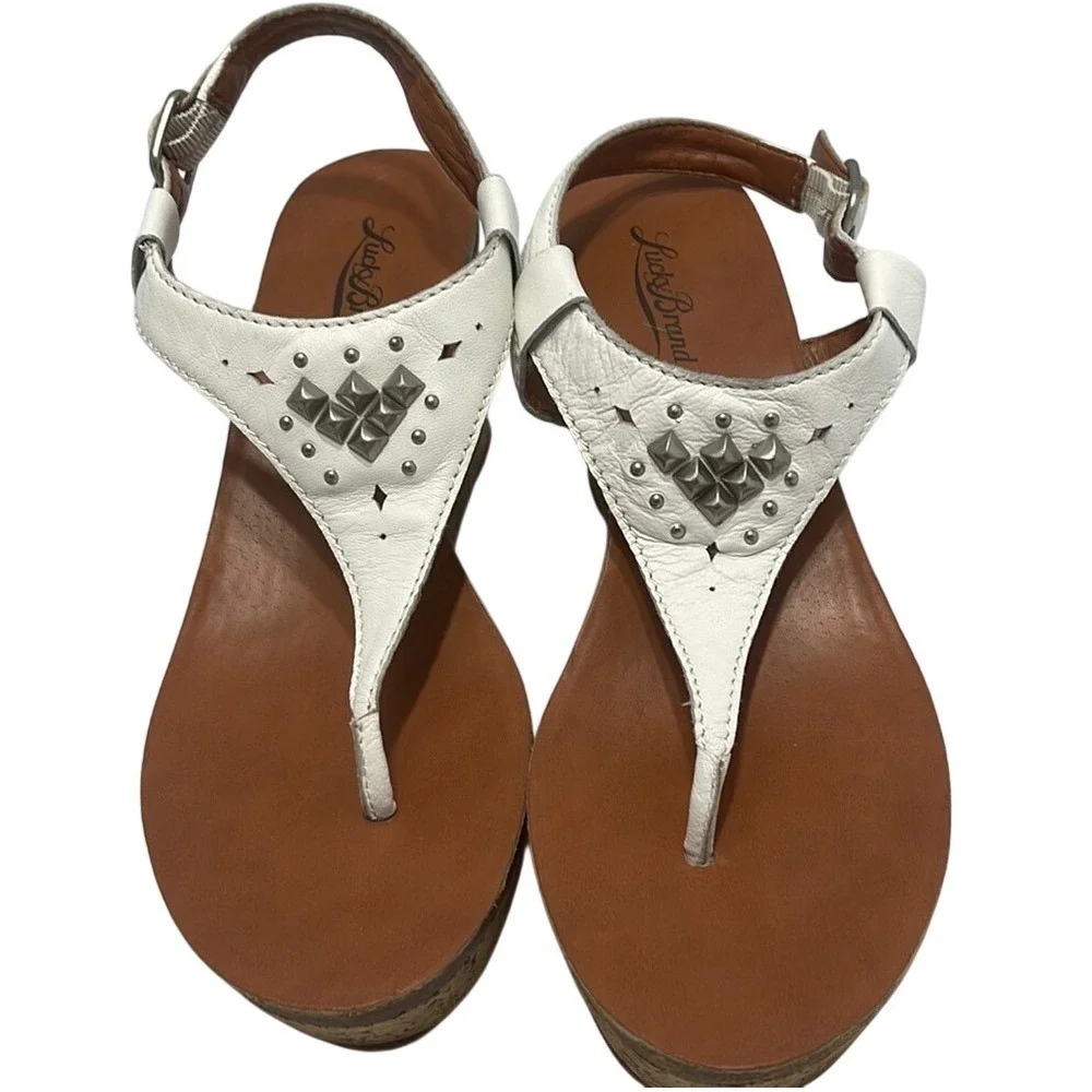 Lucky Brand White Leather Studded Cork Wedge Sandals‎ Womens Boho Thong Platform